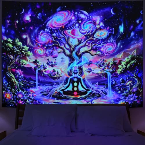 Pink Nebula Chakra Tree of Life Tapestry UV Reactive Space Wall Hanging - 59.1 x 51.2 inches