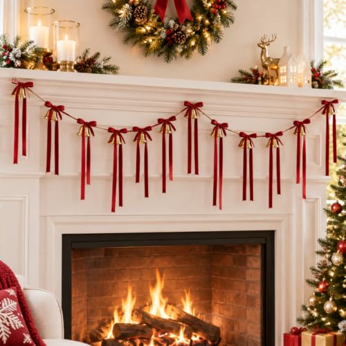 10 ft Christmas Velvet Bow Garland with Jingle Bells and Red Ribbon