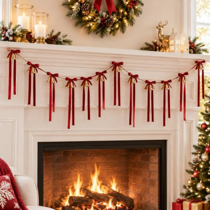 10 ft Christmas Velvet Bow Garland with Jingle Bells and Red Ribbon