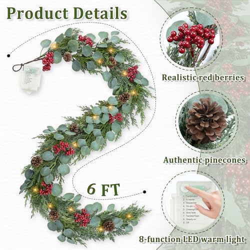 6FT Christmas Garland with Lights - Artificial Pine Cypress Eucalyptus & Red Berries, Style 2