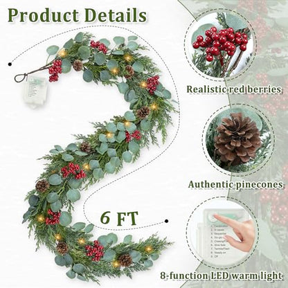6FT Christmas Garland with Lights - Artificial Pine Cypress Eucalyptus & Red Berries, Style 2