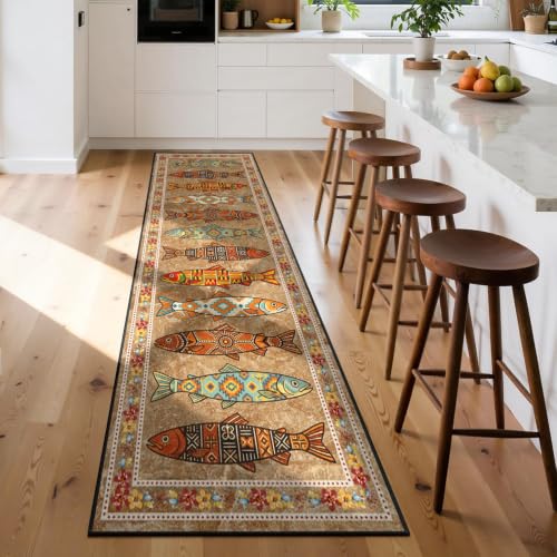 Boho Fish Runner Rug 1.3x7 Kitchen Rug Washable Beige Pattern 5