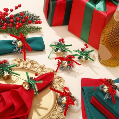 Christmas Bow Bells Polyester Napkins & Rings Set - Holiday Table Decor