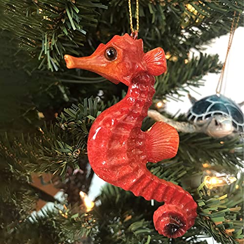 Set of 2 Coastal Christmas Ornaments - Green Sea Turtle & Red Seahorse Decor