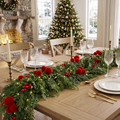 6FT 2PCS Christmas Garland Set - Real Touch Flocked Pine & Berries for Indoor Holiday Decor