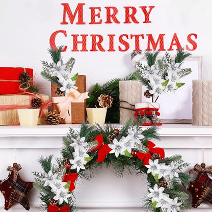 Artificial Christmas Poinsettia Picks with Faux Berries Pine Branches and Cones - Silver, Set of 6
