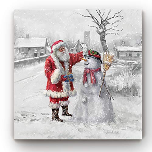 Christmas Canvas Wall Art - Joyful Santa and Snowman 32x32 Inches