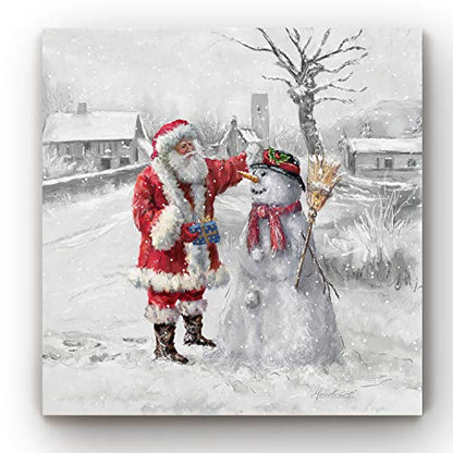 Christmas Canvas Wall Art - Joyful Santa and Snowman 32x32 Inches