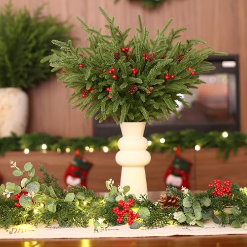 24 Pack Norfolk Pine Stems with Cone and Red Berry - Artificial Holiday Greenery