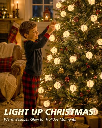 Baseball String Lights - Battery Operated 20 LED Bulbs for Room Decor, Party, Outdoor