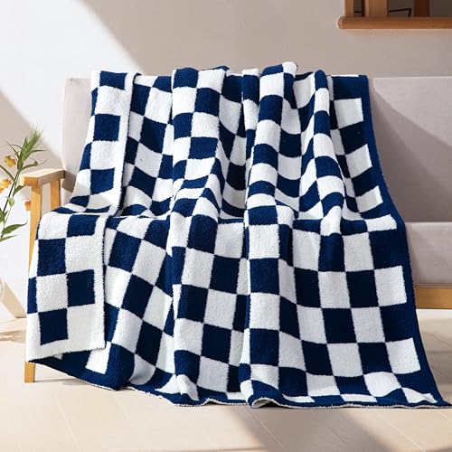 Reversible Checkered Throw Blanket Navy Blue - Ultra Soft & Lightweight