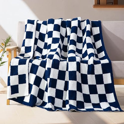 Reversible Checkered Throw Blanket Navy Blue - Ultra Soft & Lightweight