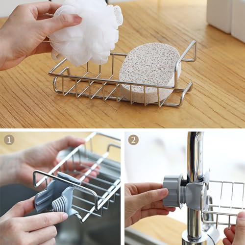 SICOSPI Faucet Rack Holder-Stainless Steel, 2024 Upgraded Sponge Holder for Kitchen Sink, Adjustable Detachable Sponge Holder Over Faucet, Sink Organizer Sponge Holder for Kitchen Bathroom (1pcs)