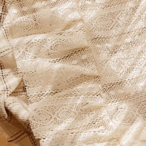 Boho Beige Lace Oven Curtain with Tassels, 28x22 Inch Kitchen Skirt - Ruffled Diamond Design, Tab Top