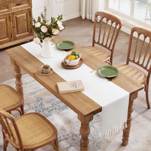 Cotton Linen Table Runner 13x48 Inch Off White with Hand Tassels - Farmhouse Decor