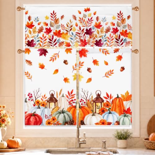 Autumn Kitchen Curtains Set with Maple Leaf Valance and Cafe Panels - Fall Decor