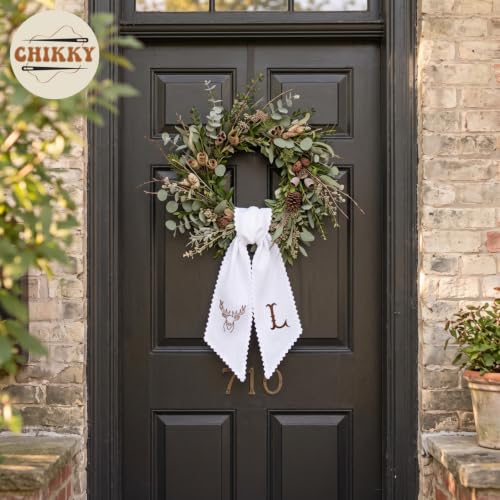 Fall Wreath Sash for Front Door Decor - Monogram Embroidered Pumpkin Linen Ribbon - F01
