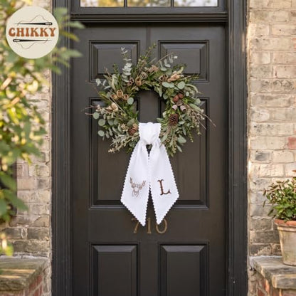 Fall Wreath Sash for Front Door Decor - Monogram Embroidered Pumpkin Linen Ribbon - F01