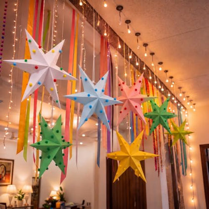 Christmas Paper Star Lanterns Set - Felt Ball Decor 12 Inch Pastel Ornaments