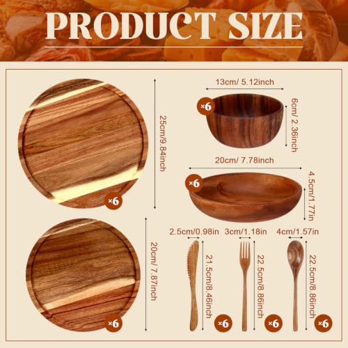42 Pcs Acacia Wood Dinnerware Set - Wooden Plates Bowls & Utensils, Variation 42