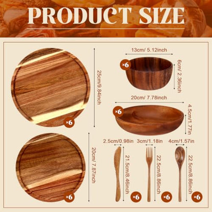 42 Pcs Acacia Wood Dinnerware Set - Wooden Plates Bowls & Utensils, Variation 42