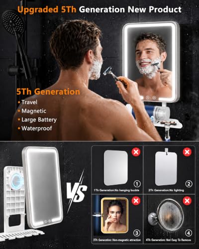 Large Fogless Shower Mirror with Light & Storage Tray - Pearl White 8" x 5.9"