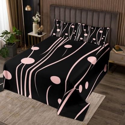 Kids Bedspread Set with Geometric Line and Dandelion Design - Black Pink, King Size