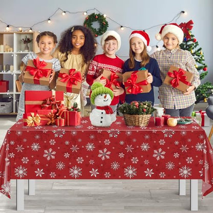 Red Snowflake Christmas Tablecloths - Pack of 3, 54 x 108 Inches, Disposable Holiday Decor