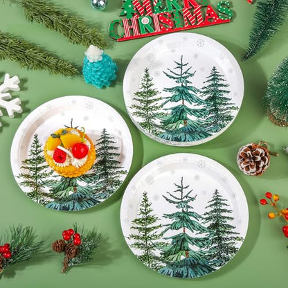Christmas Trees Paper Plates - 7 Inch Xmas Tree Snowflake Party Dinnerware, 24 Pack - Pine Trees Variation