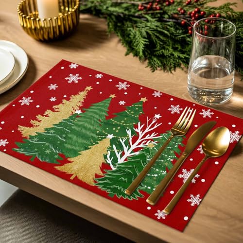 Christmas Tree Placemats Set of 4 - Red with Snowflakes & Christmas Tree Design
