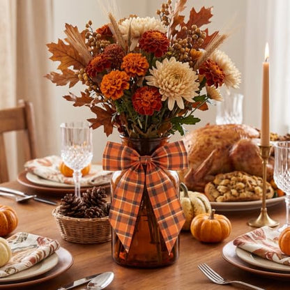 Fall Wreath Sash for Front Door - Style3, Red Orange Plaid, 5x55.9in