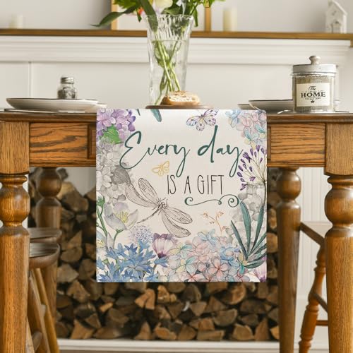 Seasonal Dragonfly Hydrangea Table Runner 13x72 Inch - Summer Home Decor