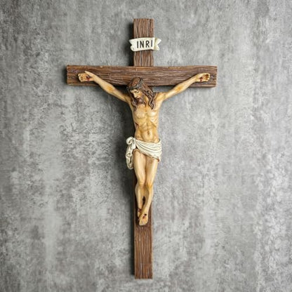 Catholic Wall Cross - Hand-Painted Jesus Christ Crucifix 9.5 Inch Wall Art