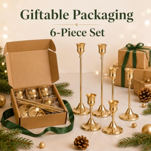 Gold Taper Candle Holders Set of 6 Brass Candlesticks for Table Decor - Brass / 6
