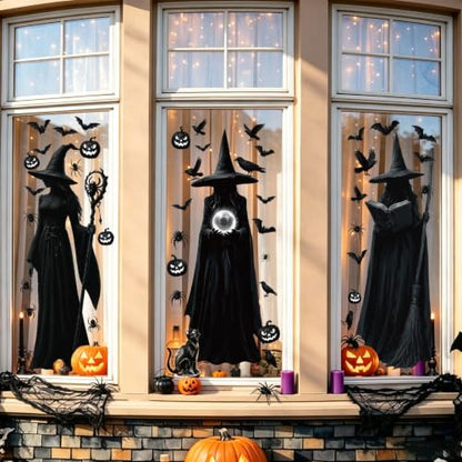 4 Large Halloween Window Clings for Decorations - Spiders, Bats, Pumpkins