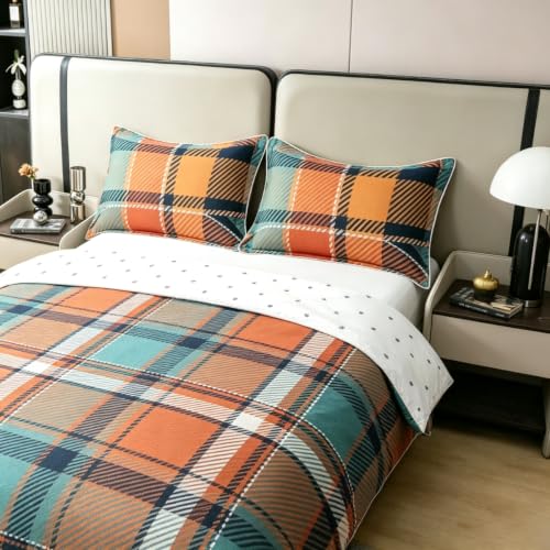Orange White Autumn Grid Queen Duvet Cover Set Gingham Plaid Geometric
