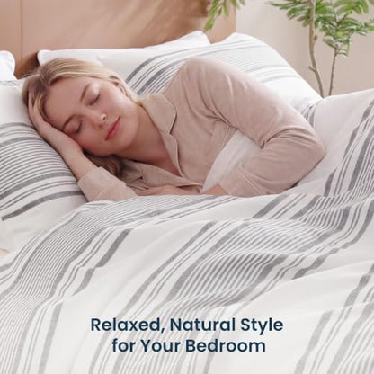 Queen Duvet Cover Set - Striped Lyocell Linen Blend, Dark Gray - Sleep Zone