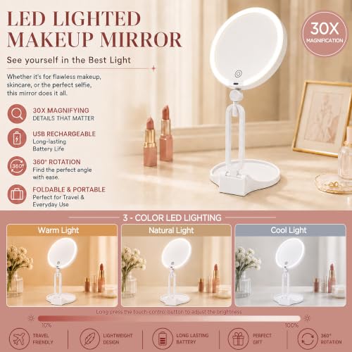 Magnifying Lighted Travel Mirror 30X/1X Dual-Sided with 3 Light Modes