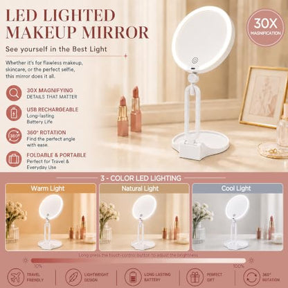 Magnifying Lighted Travel Mirror 30X/1X Dual-Sided with 3 Light Modes