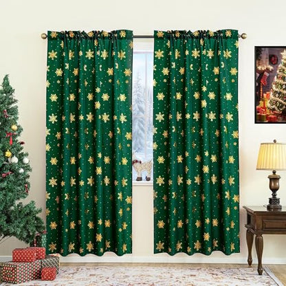 Christmas Curtains for Living Room 2 Pack Foliage Green & Gold Snowflake Foil Print 52W x 84L