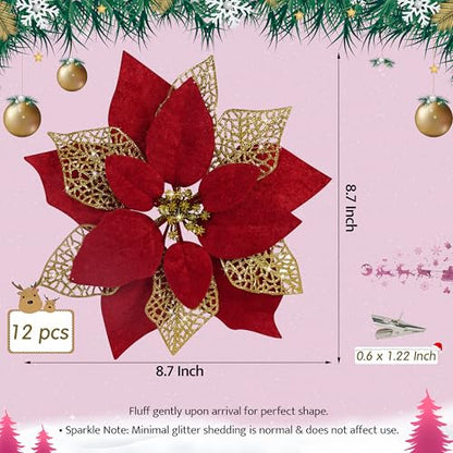 Childom 12 pcs Glitter Poinsettia Flowers for Christmas Decorations - Dark Red & Gold, 8.7 Inch