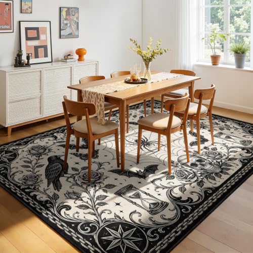 Dark Gothic Crow Spider Area Rug 3x5 ft Vintage Skull Hourglass Floor Mat Pattern 3
