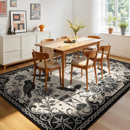 Dark Gothic Crow Spider Area Rug 3x5 ft Vintage Skull Hourglass Floor Mat Pattern 3