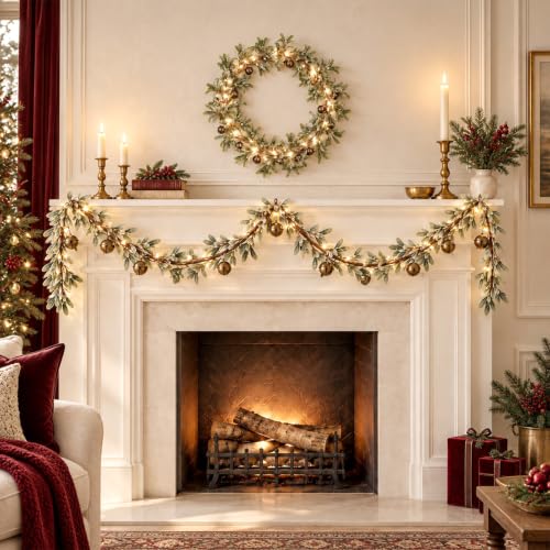 6 ft Lighted Christmas Mistletoe Garland with Metal Bells & Berries