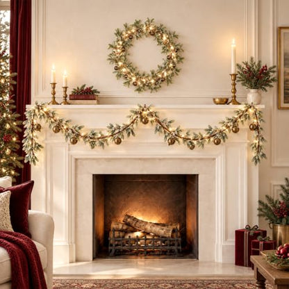 6 ft Lighted Christmas Mistletoe Garland with Metal Bells & Berries