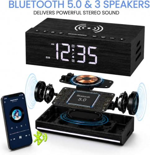 Wooden Digital Alarm Clock with Wireless Charging & Bluetooth Speaker