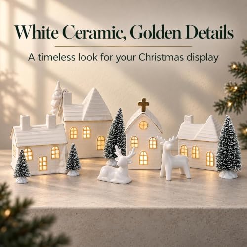 Christmas Village Set with 4 Ceramic Houses and 4 Trees - 16 Pieces