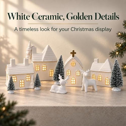 Christmas Village Set with 4 Ceramic Houses and 4 Trees - 16 Pieces