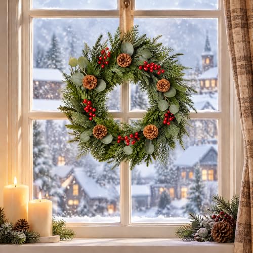 24 Inch Artificial Christmas Wreath with Pine Cones and Eucalyptus for Front Door & Indoor Decor