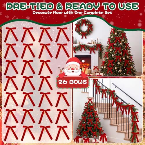 Red Velvet Christmas Tree Bows Set of 26 with Variation - Elegant Holiday Decor
